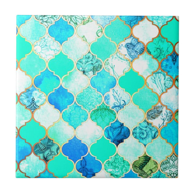 Carreau Turquoise, Or, Motif de la sirène bleue verte (Devant)