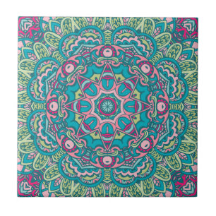 Carreau Turquoise, rose, vert et jaune Boho Mandala Décora