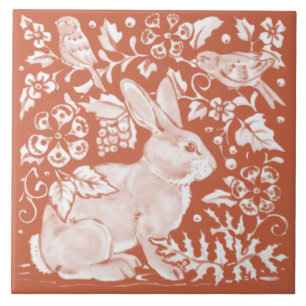 Carreau Turquoise Tan Rust Rabbit Bird Woodland Face droit