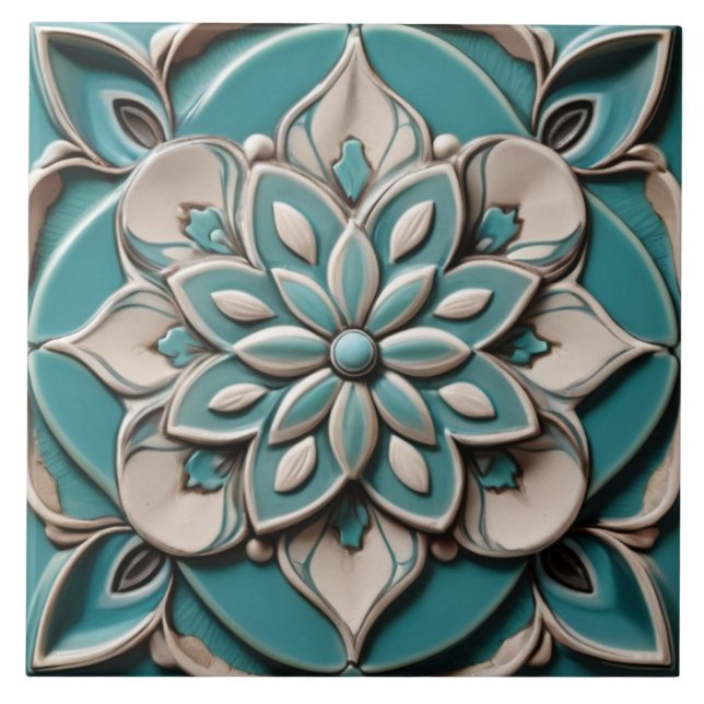 Carreau Turquoise Turquoise Faux Relief Floral Flower Aqua (Devant)