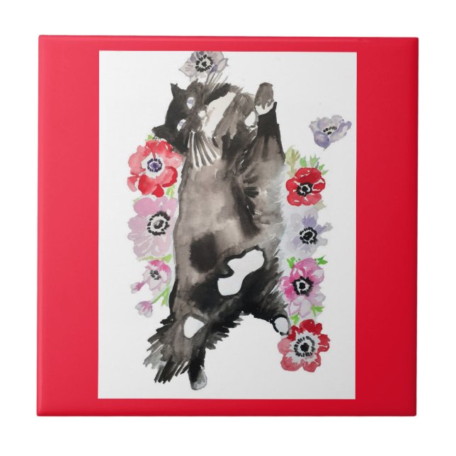 Carreau Tuxedo Chat Cute Jolie Fleurs Chats Aquarelle (Devant)