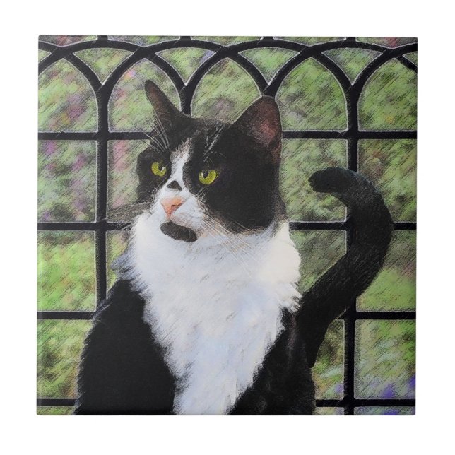 Carreau Tuxedo Chat dans la peinture de fenêtre Art animal (Devant)