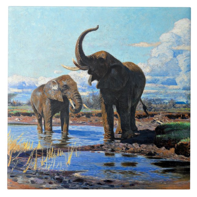 Carreau Two African Elephants at Watering Hole (Devant)