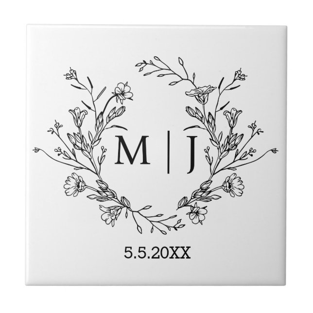 Carreau typographie simple botanique monogramme mariage (Devant)