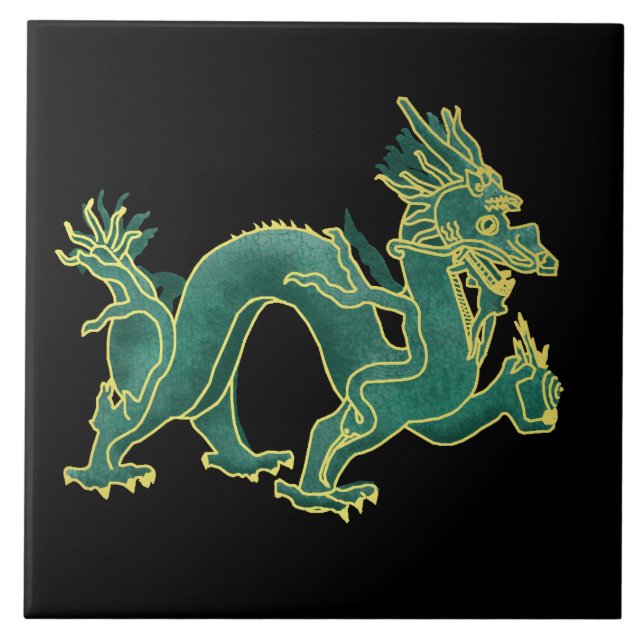 Carreau Un dragon vert avec l'équilibre d'or (Devant)
