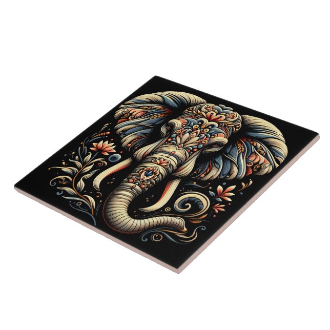 Carreau Un éléphant orné, orné de motifs complexes (Côté)