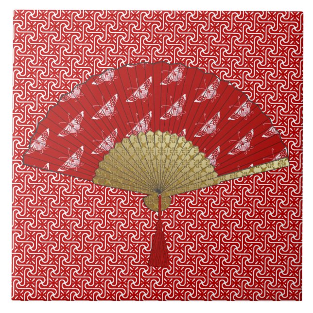 Carreau Un fan d'art déco dans un Motif à papillons, rouge (Devant)
