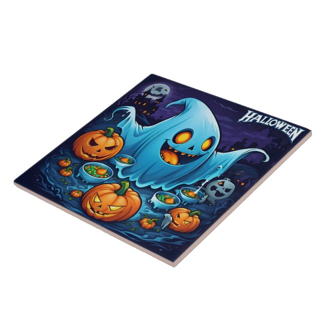 Carreau Un fantôme d'Halloween ludique avec des citrouille (Côté)