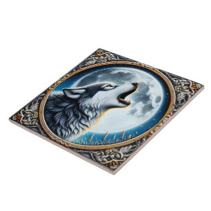Carreau Un loup hurlant sous une Pleine lune lumineuse