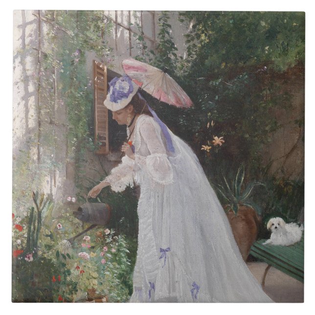 Carreau Une dame dans un jardin qui soigne ses fleurs avec (Devant)
