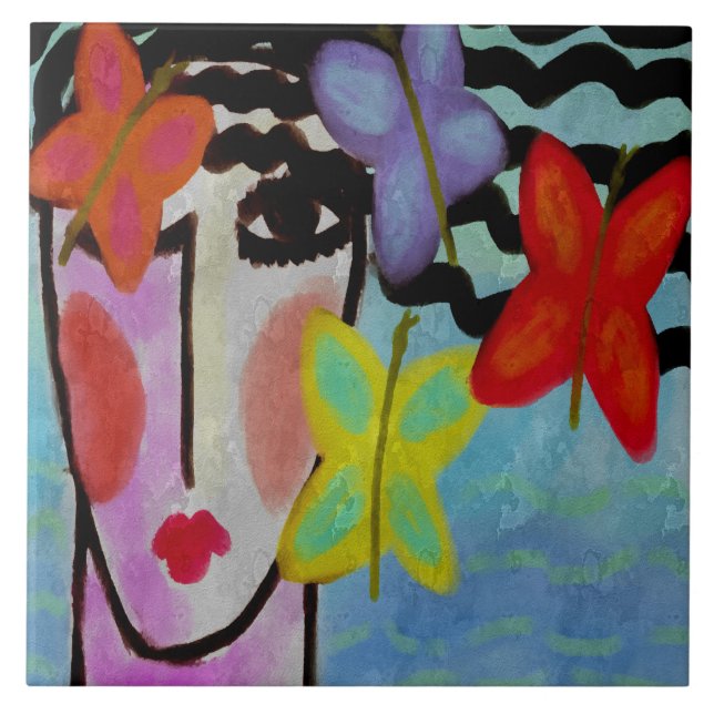 Carreau Une femme avec des papillons Peinture numérique Ab (Devant)