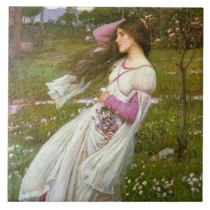 Carreau Une femme ramasse des fleurs dans le vent