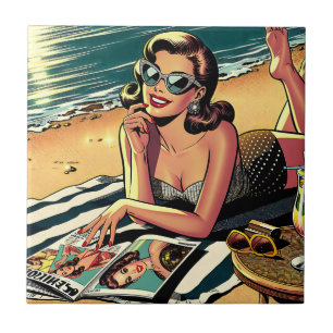 Carreau Une femme rétro à la plage lit un magazine de mode