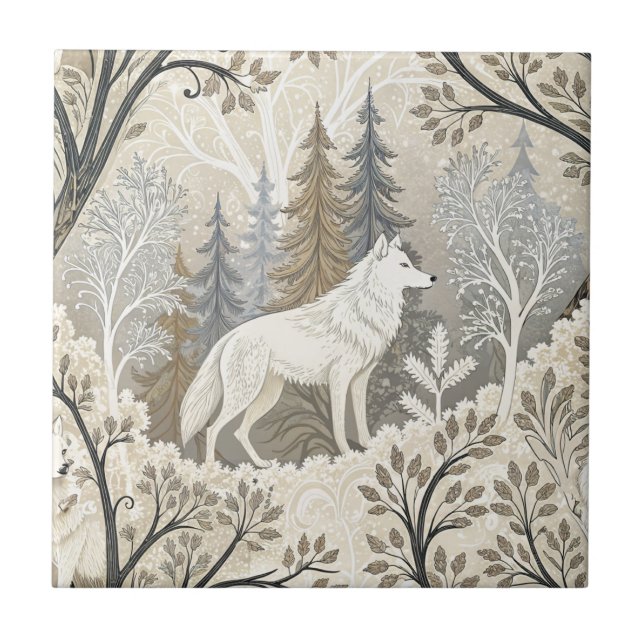Carreau Une forêt d'hiver paisible avec des loups blancs (Devant)