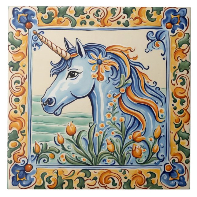 Carreau Unicorne Méditerranée Jaune & Bleu Folk Floral (Devant)