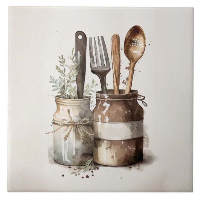 Carreau Ustensiles de cuisine rustique Aquarelles Carrelag (Devant)