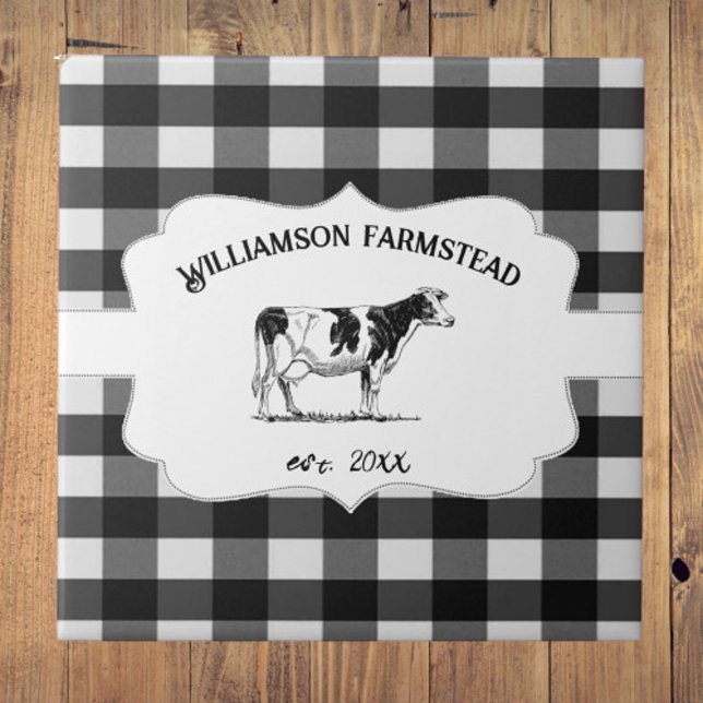 Carreau Vache de ferme de Buffalo noir décorée (Black Buffalo Plaid Farm Cow Decorative Ceramic Tile)