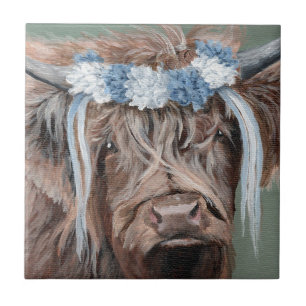 Carreau Vache des Highlands avec couronne bleue et blanche