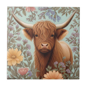 Carreau Vache des Highlands Pastel Floral Inspiré de Willi