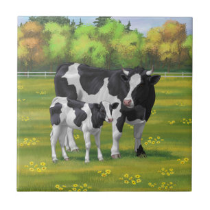 Carreau Vache Holstein et veau mignon en pâturage d'été