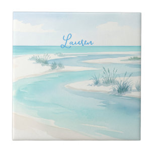 Carreau vagues de plage à l'aquarelle bleu pastel nom modi