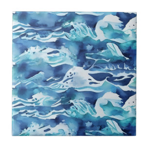 Carreau Vagues océaniques   Aquarelle sarcelle bleu aqua