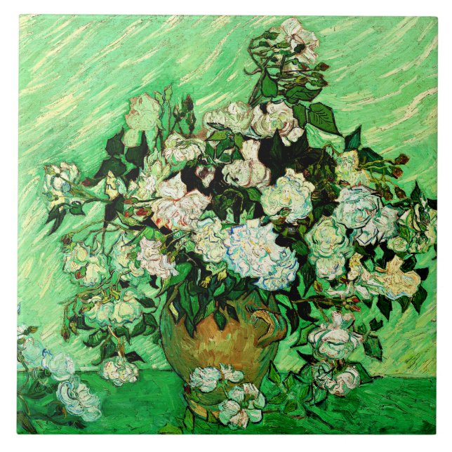 Carreau Van Gogh - Roses blanches, célèbre peinture, (Devant)
