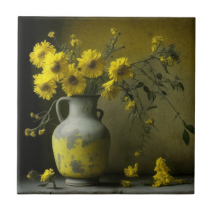 Carreau Vase antique de fleurs jaunes