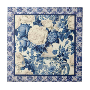 Carreau Vase florale chic Chiroiserie bleue toile monogram