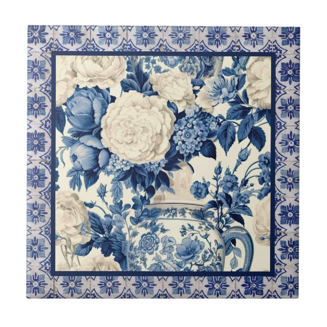 Carreau Vase florale chic Chiroiserie bleue toile monogram (Devant)