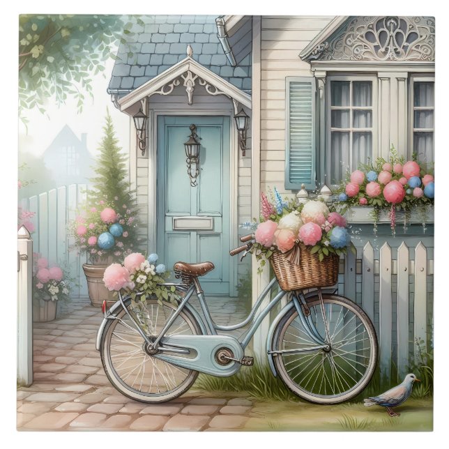Carreau Vélo de chalet bleu avec panier à fleurs de printe (Devant)