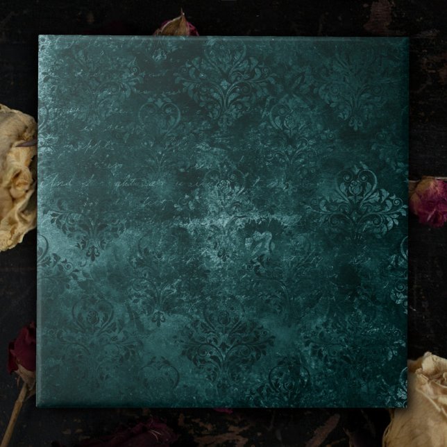 Carreau Velvety Turquoise Damask | Grunge vert foncé Baroq (Créateur téléchargé)