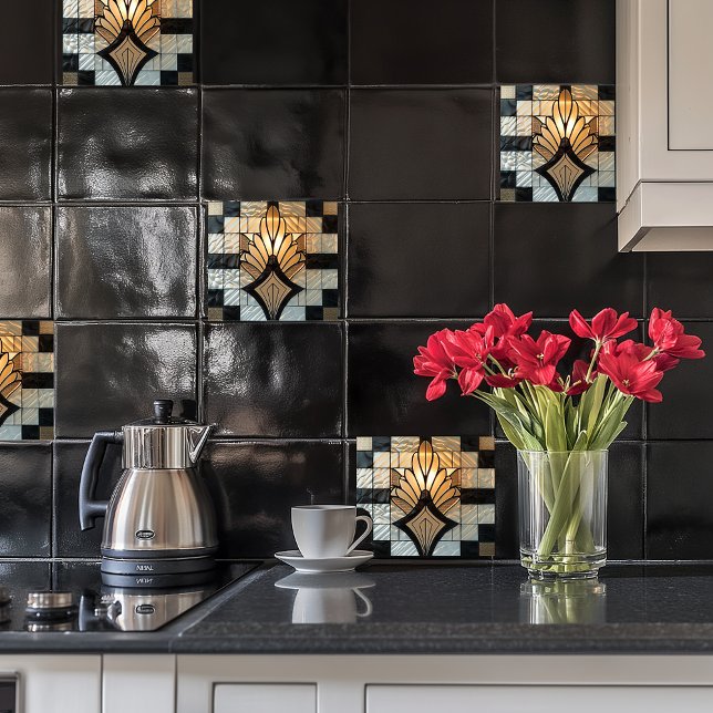 Carreau Ventilateur floral noir noir Art déco (Créateur téléchargé)