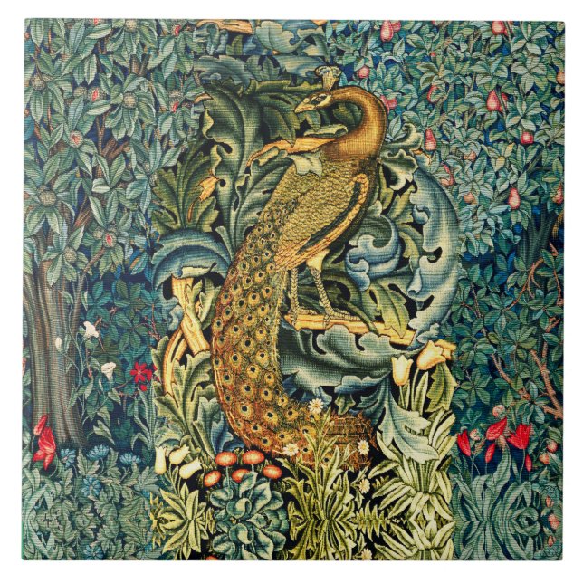 CARREAU VERDURE, ANIMAUX FORESTIERS, PEACOCK EN VERT FLORA (Devant)