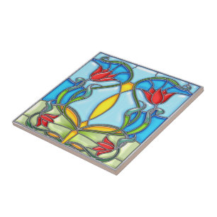 Carreau Verre souillé de quatre tulipes rouges