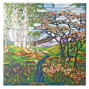 Carreau Verre souillé de Tiffany de bouleau d'iris de