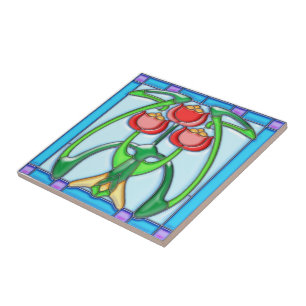 Carreau Verre souillé de tulipes de Nouveau d'art