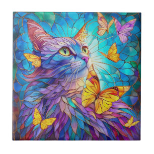 Carreau Verre tendu Chat 730 papillons bleus jaunes