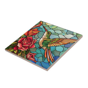 Carreau Verre verni Oiseau de mer Floral
