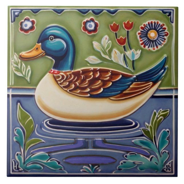 Carreau Vert & Bleu Mallard Canard Européens Folk Animal A (Devant)