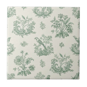 Carreau Vert menthe toile de Jouy française oiseaux et fle