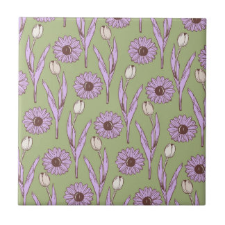Carreau Vert violet rétro Y2K Funky Hippie Flower Motif