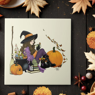 Carreau Vibes de sorcière cosy Halloween Citrouille violet