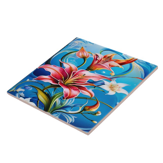 Carreau Vibrant Lily fleurit sur fond bleu (Côté)
