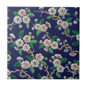 Carreau Vibrant Royal Blue Cherry Blossoms Antique Repro