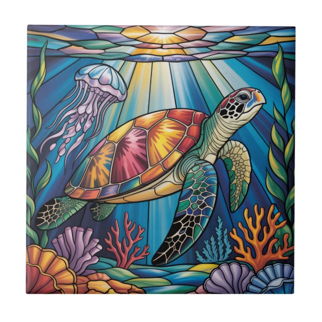 Carreau Vibrant Stained Glass Sea Turtle Ocean Design (Devant)