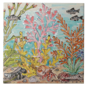 Carreau Vie marine Hermite Crabe Poisson Corail Océan Peu