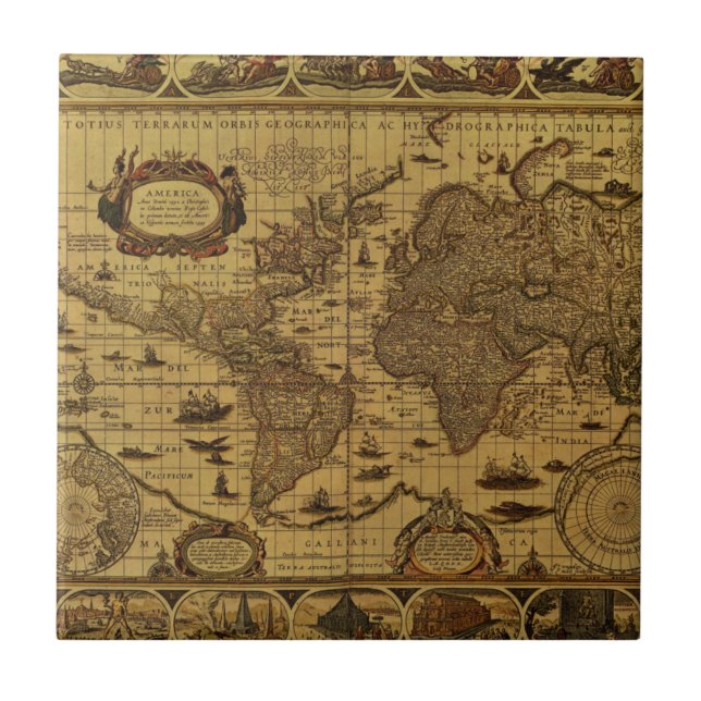 Carreau Vieille carte antique du monde (Devant)