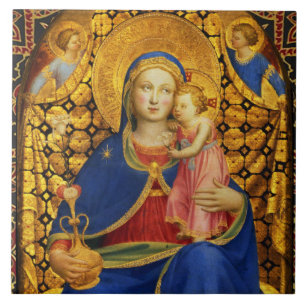 Carreau VIERGE AVEC ENFANT ET ANGES, Red Blue Gold Xmas