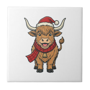 Carreau Vieux Noël Highland Cow Chapeau de Père Noël Vecte